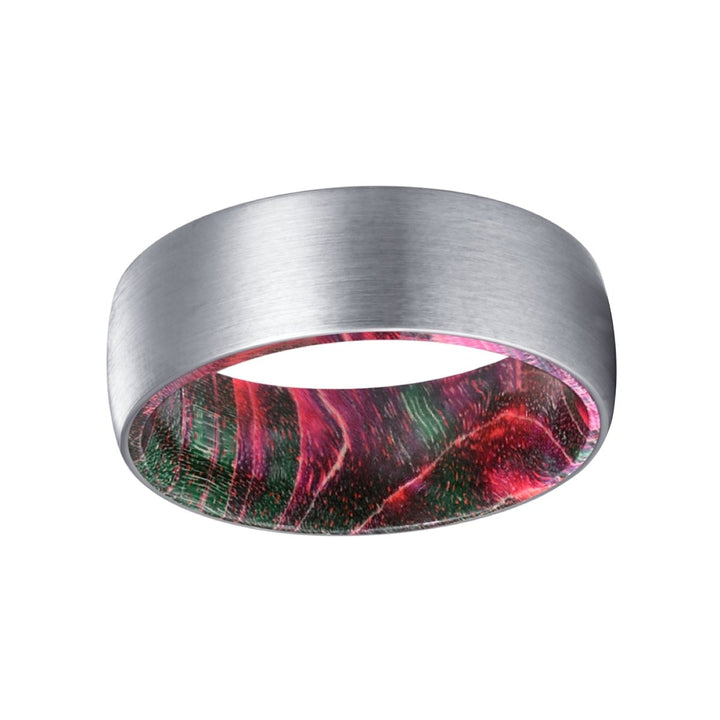 AMSBAUGH | Green and Red Wood, Silver Tungsten Ring, Brushed, Domed - Rings - Aydins Jewelry