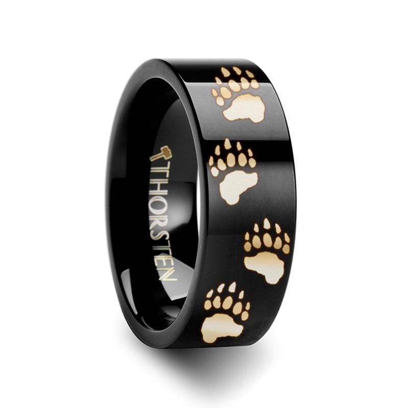 Animal Design Bear Paw Print Laser Engraved Flat T Tungsten Carbide men's wedding band, image 2