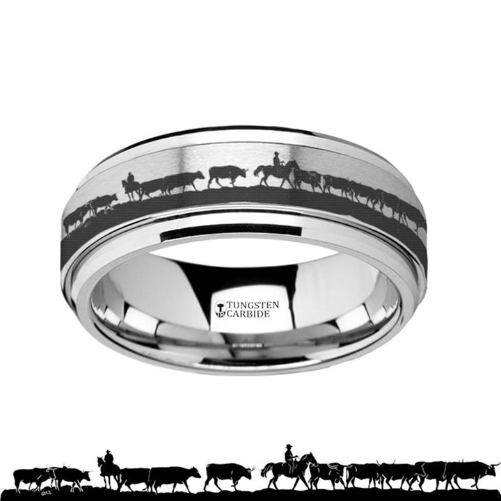 Animal Landscape Herding Cattle Scene Laser Engraved Spinner Tungsten Ring - Rings - Aydins Jewelry