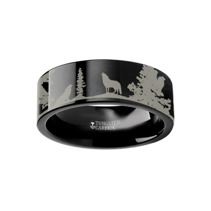 Animal Landscape Scene Wolf Engraved Flat Tungsten Ring - Rings - Aydins Jewelry