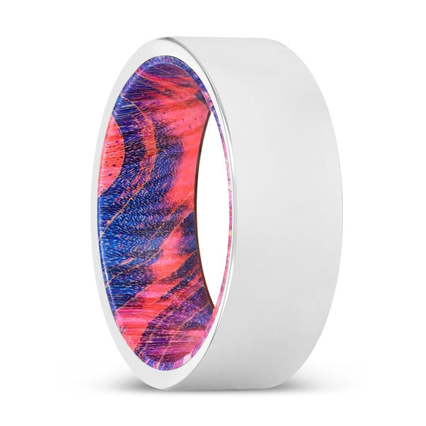 ANTONIO | Blue & Red Wood, Silver Tungsten Ring, Shiny, Flat - Rings - Aydins Jewelry