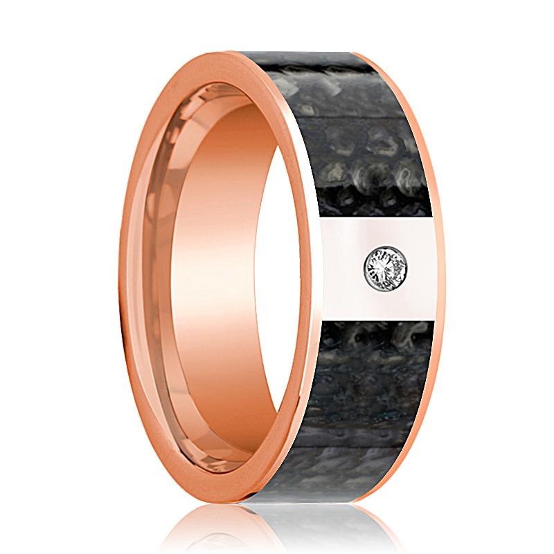 Dinosaur Bone inlay 14k rose gold wedding band, top view