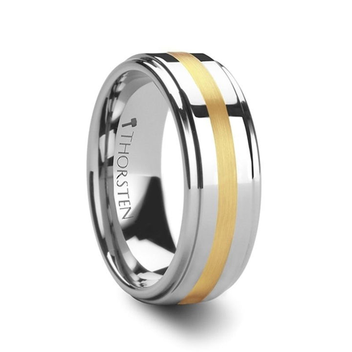 APOLLO | Silver Tungsten Ring, 14k Gold Inlay, Stepped Edges - Rings - Aydins Jewelry
