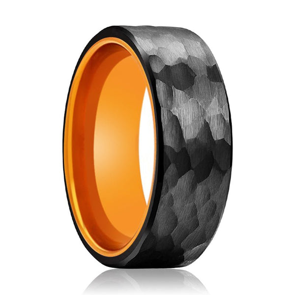 APRICOT | Orange Ring, Black Tungsten Ring, Hammered, Flat
