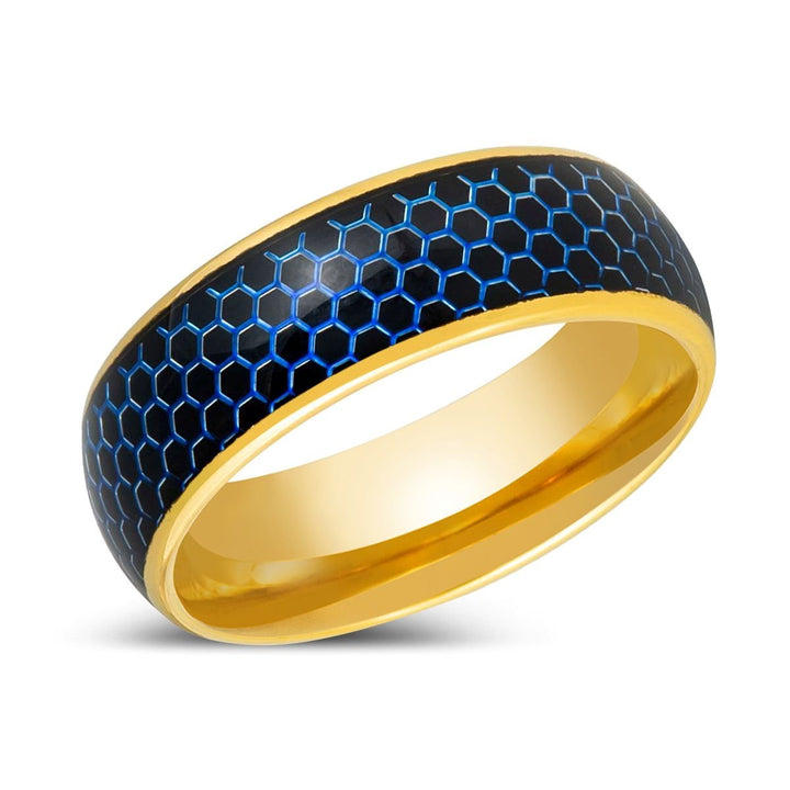 AQUAHEX | Gold Tungsten Ring, Domed Ring, Blue Honeycomb Cutout - Rings - Aydins Jewelry - 2