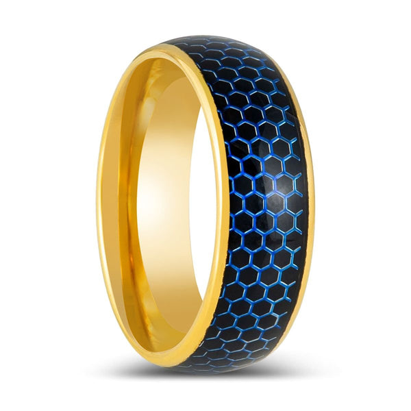 AQUAHEX | Yellow Gold Tungsten Ring, Domed Ring, Blue Honeycomb Cutout - Rings - Aydins Jewelry