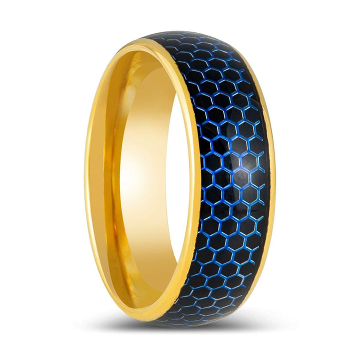AQUAHEX | Gold Tungsten Ring, Domed Ring, Blue Honeycomb Cutout - Rings - Aydins Jewelry - 1