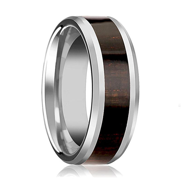 ARCANE | Silver Tungsten Ring, Ebony Wood Inlay, Beveled - Rings - Aydins Jewelry