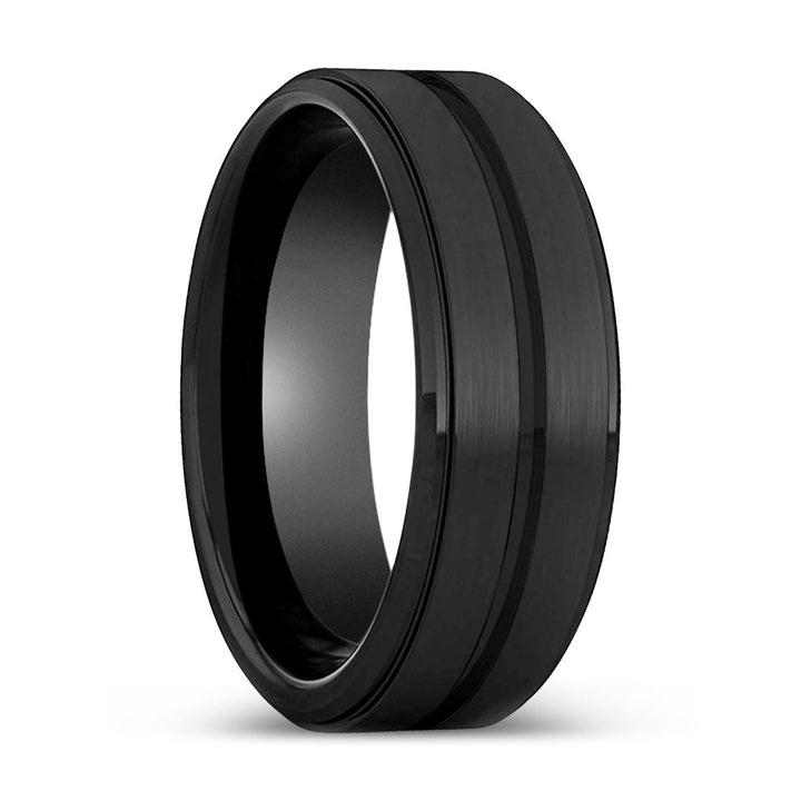 ARCHER | Black Ring, Black Tungsten Ring, Grooved, Stepped Edge - Rings - Aydins Jewelry