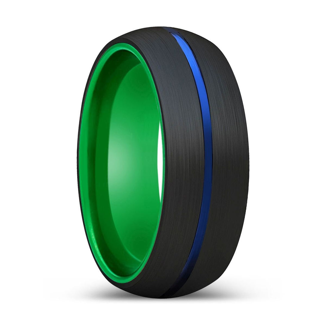 ARMINIO | Green Ring, Black Tungsten Ring, Blue Groove, Domed - Rings - Aydins Jewelry - 1