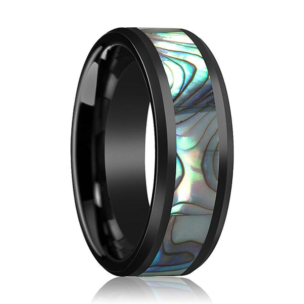 ARMOR | Black Ceramic Ring, Shell Inlay, Beveled - Rings - Aydins Jewelry