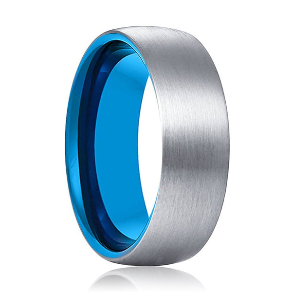 ARTIC | Blue Tungsten Ring, Silver Tungsten Ring, Brushed, Domed - Rings - Aydins Jewelry - 1
