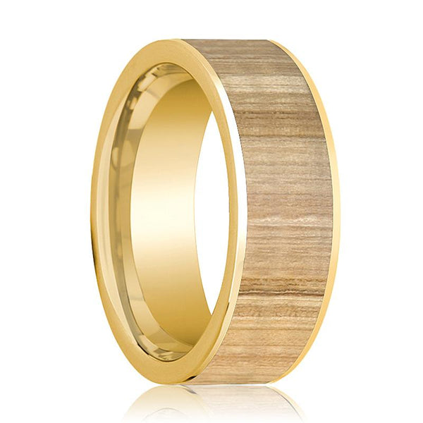 Ash Wood Inlaid Men's 14k Yellow Gold Wedding Band Flat Polished - 8MM - Rings - Aydins Jewelry