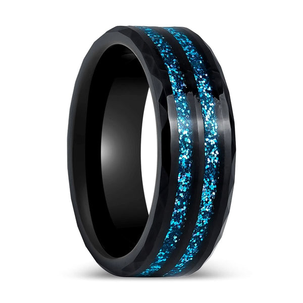 ASHEN | Black Tungsten Ring, Blue Glitter Inlay, Beveled Edges - Rings - Aydins Jewelry - 1