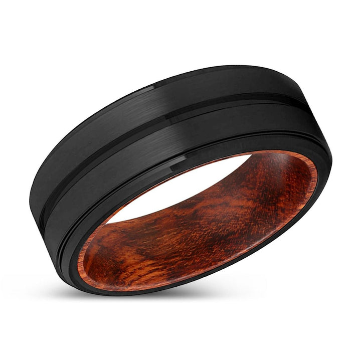 ASHTON | Snake Wood, Black Tungsten Ring, Grooved, Stepped Edge - Rings - Aydins Jewelry
