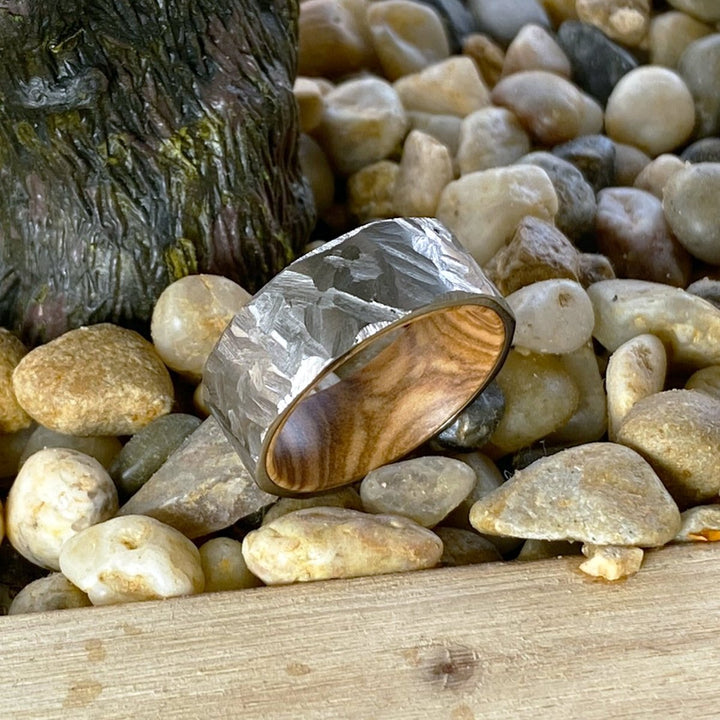 ASPEN | Olive Wood, Silver Titanium Ring, Hammered, Flat - Rings - Aydins Jewelry - 5