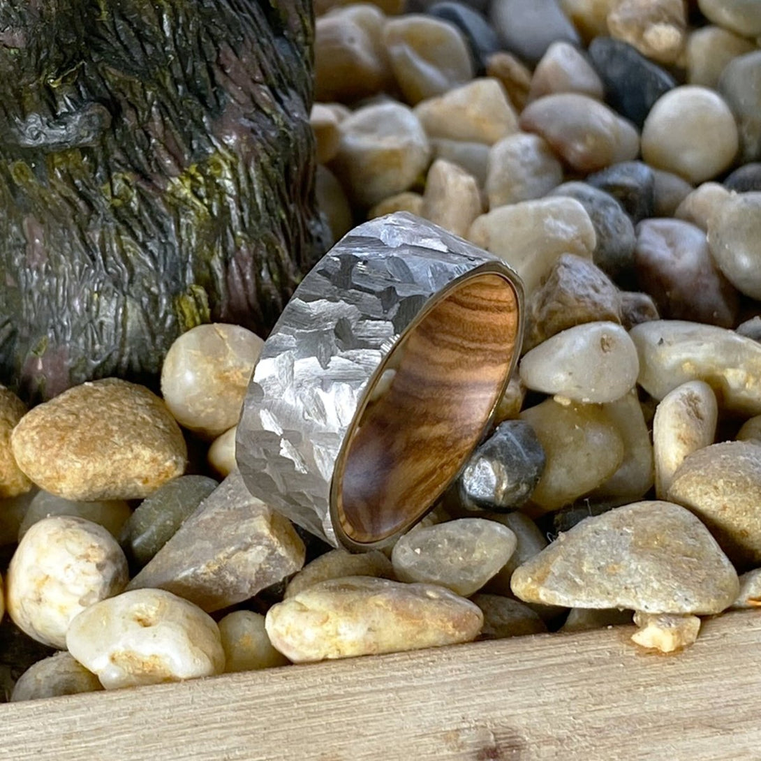 ASPEN | Olive Wood, Silver Titanium Ring, Hammered, Flat - Rings - Aydins Jewelry - 6