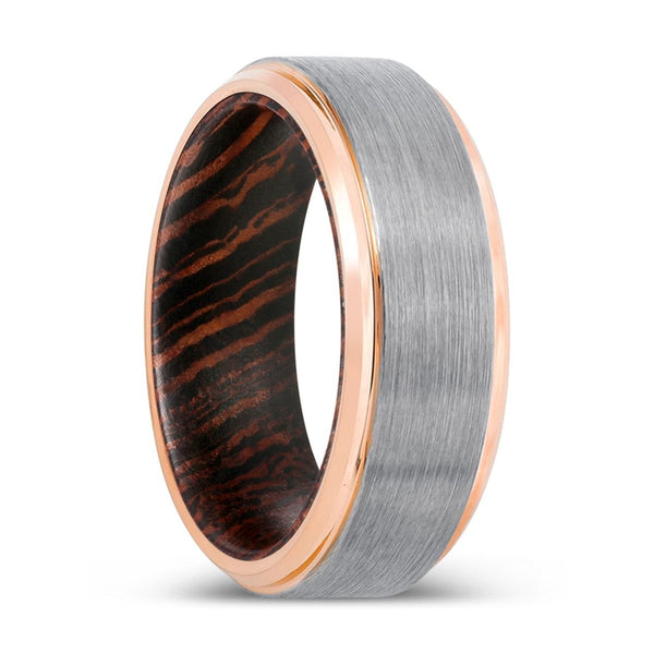 ASVIN | Wenge Wood, Silver Tungsten Ring, Brushed, Rose Gold Stepped Edge - Rings - Aydins Jewelry - 1