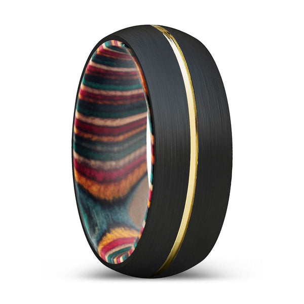 ATAXIA | Multi Color Wood, Black Tungsten Ring, Gold Groove, Domed - Rings - Aydins Jewelry - 1