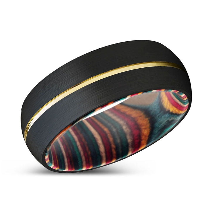ATAXIA | Multi Color Wood, Black Tungsten Ring, Gold Groove, Domed - Rings - Aydins Jewelry - 2