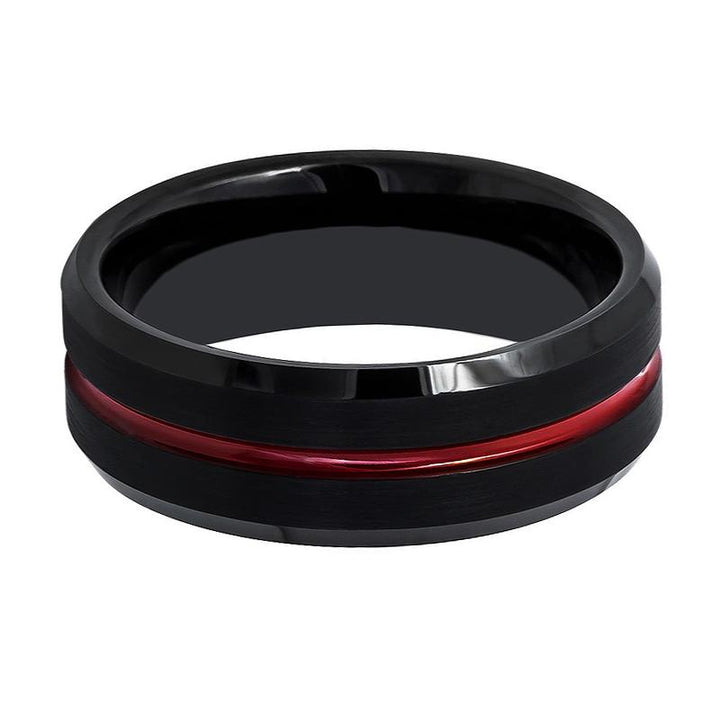 ATEN | Black Tungsten Ring, Red Groove, Beveled - Rings - Aydins Jewelry - 2