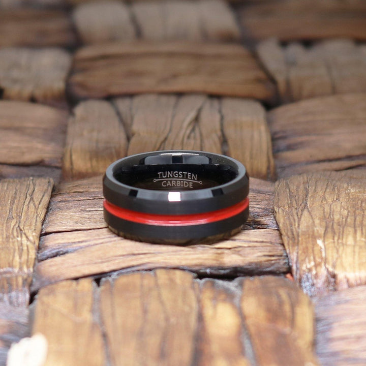 ATEN | Black Tungsten Ring, Red Groove, Beveled - Rings - Aydins Jewelry - 4