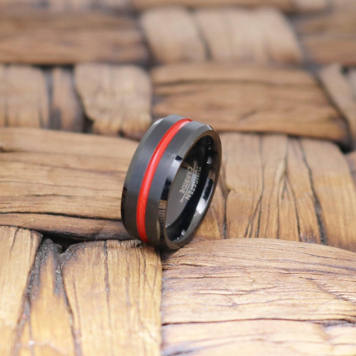 ATEN | Black Tungsten Ring, Red Groove, Beveled - Rings - Aydins Jewelry - 3