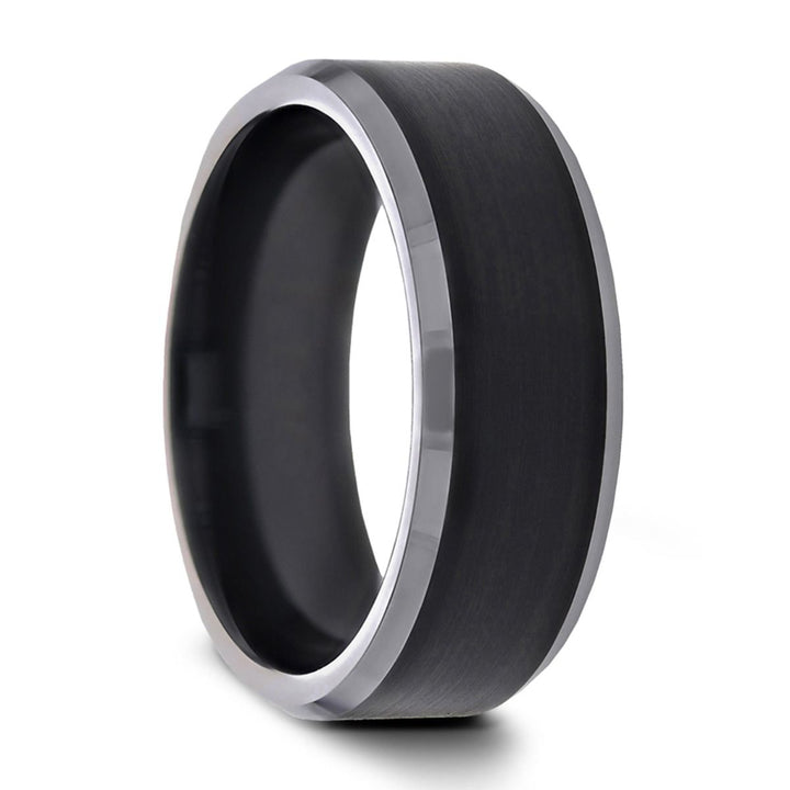 ATNOS | Black Titanium Ring, Silver Polished Edges - Rings - Aydins Jewelry - 1