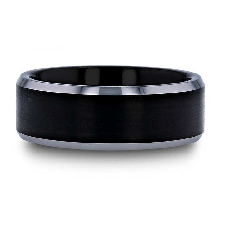 ATNOS | Black Titanium Ring, Silver Polished Edges - Rings - Aydins Jewelry