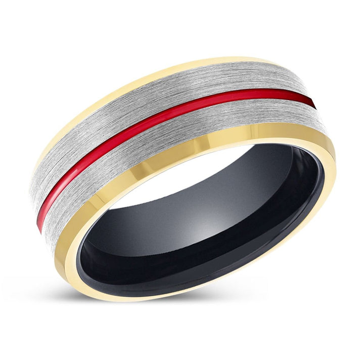 ATOM | Black Ring, Silver Tungsten Ring, Red Groove, Gold Beveled Edge - Rings - Aydins Jewelry