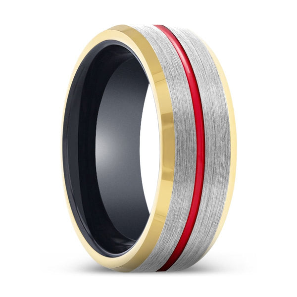 ATOM | Black Ring, Silver Tungsten Ring, Red Groove, Gold Beveled Edge - Rings - Aydins Jewelry - 1