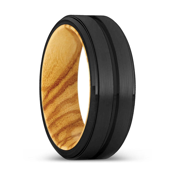 AUBREY | Olive Wood, Black Tungsten Ring, Grooved, Stepped Edge - Rings - Aydins Jewelry - 1
