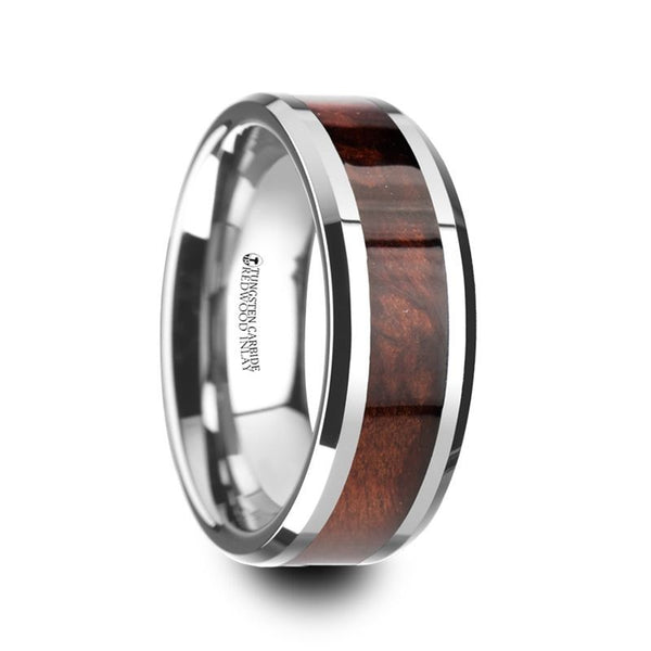 AUBURN | Silver Tungsten Ring, Red Wood Inlay, Beveled - Rings - Aydins Jewelry - 1