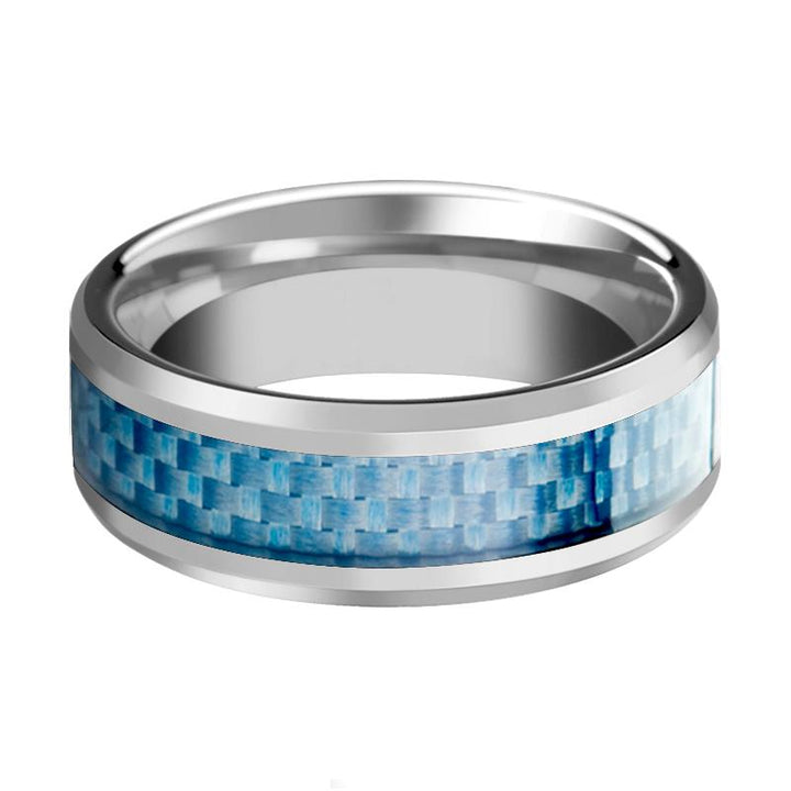 AUGUSTUS | Silver Tungsten Ring, Light Blue Carbon Fiber Inlay, Beveled - Rings - Aydins Jewelry - 2