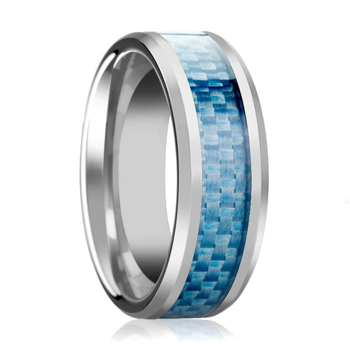 AUGUSTUS | Silver Tungsten Ring, Light Blue Carbon Fiber Inlay, Beveled