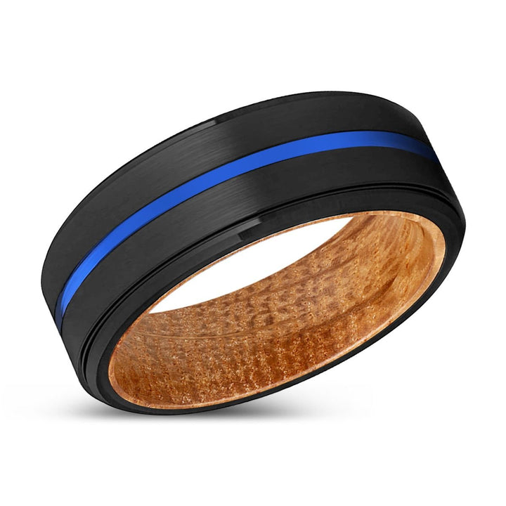 AURA | Whiskey Barrel Wood, Black Tungsten Ring, Blue Groove, Stepped Edge - Rings - Aydins Jewelry - 2