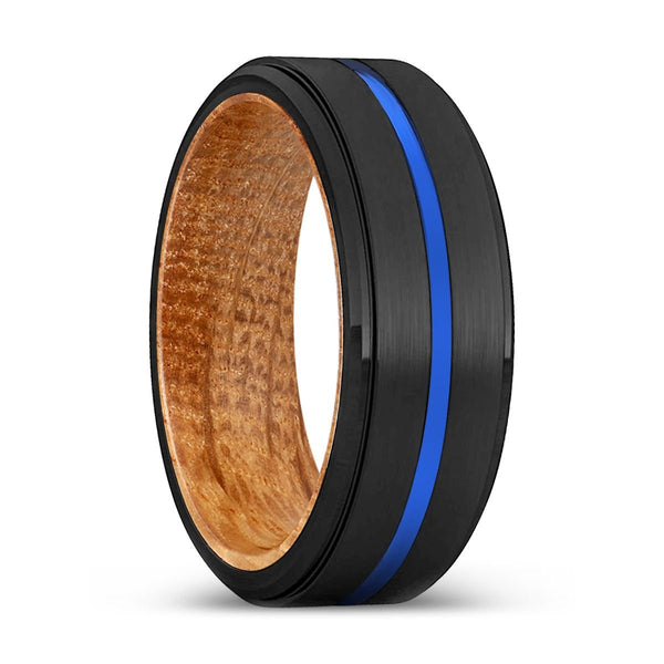 AURA | Whiskey Barrel Wood, Black Tungsten Ring, Blue Groove, Stepped Edge - Rings - Aydins Jewelry