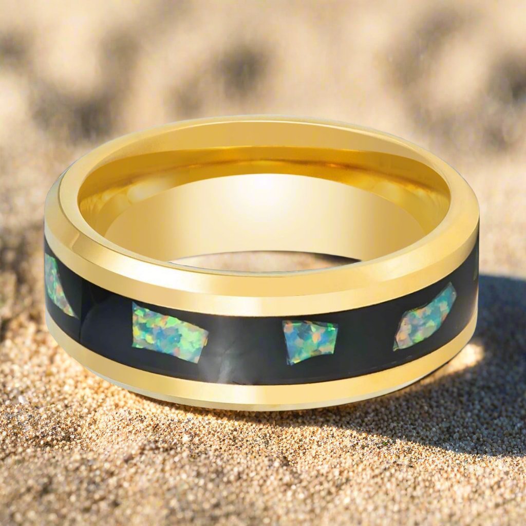 AURAFLECT - Yellow Tungsten Ring, Abalone Fragments Inlay - Rings - Aydins Jewelry - 1