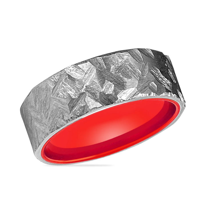 AUTUMN | Red Ring, Silver Titanium Ring, Hammered, Flat - Rings - Aydins Jewelry