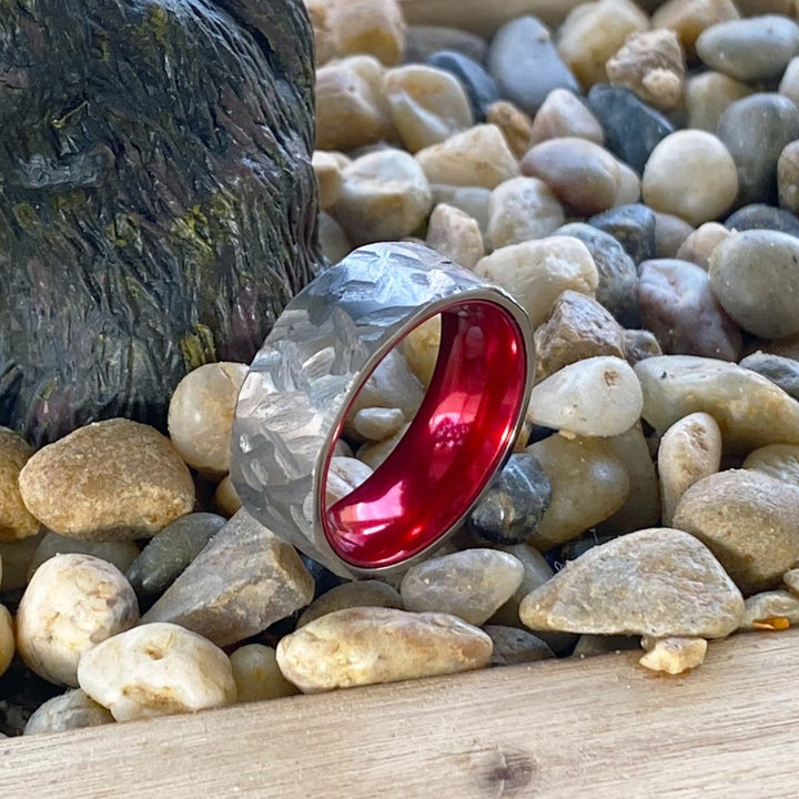 AUTUMN | Red Ring, Silver Titanium Ring, Hammered, Flat - Rings - Aydins Jewelry