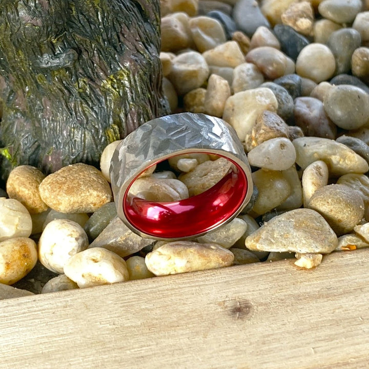 AUTUMN | Red Ring, Silver Titanium Ring, Hammered, Flat - Rings - Aydins Jewelry - 5