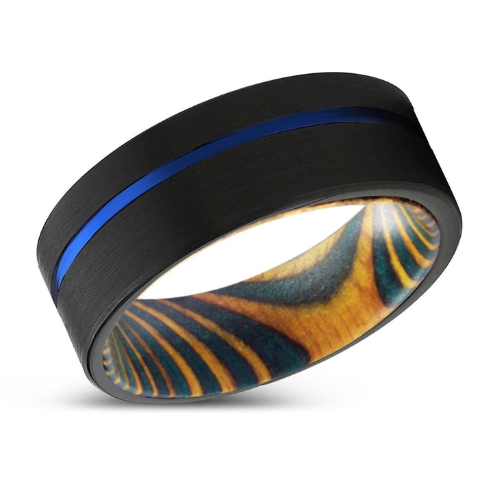 AVIAN | Green and Yellow Wood, Black Tungsten Ring, Blue Offset Groove, Flat - Rings - Aydins Jewelry