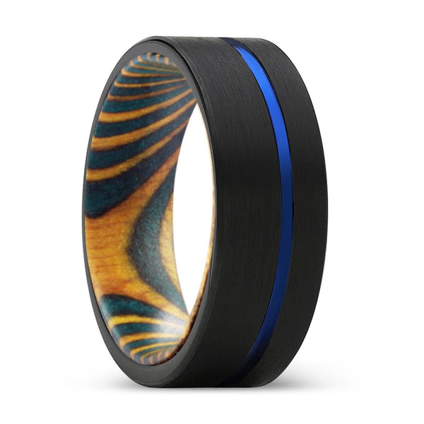 AVIAN | Green and Yellow Wood, Black Tungsten Ring, Blue Offset Groove, Flat - Rings - Aydins Jewelry - 1