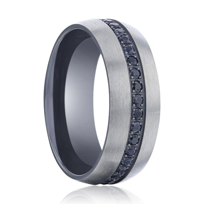 AVIATOR | Silver Titanium Ring, Black Sapphire Stones Inlay, Domed - Rings - Aydins Jewelry - 1