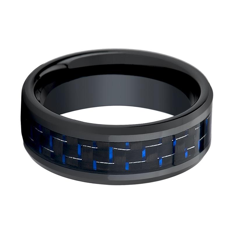 AVITUS | Black Ceramic Ring, Blue & Black Carbon Fiber Inlay, Beveled - Rings - Aydins Jewelry