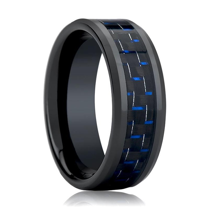 AVITUS | Black Ceramic Ring, Blue & Black Carbon Fiber Inlay, Beveled - Rings - Aydins Jewelry