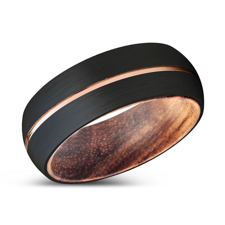 AXES | Zebra Wood, Black Tungsten Ring, Rose Gold Groove, Domed - Rings - Aydins Jewelry