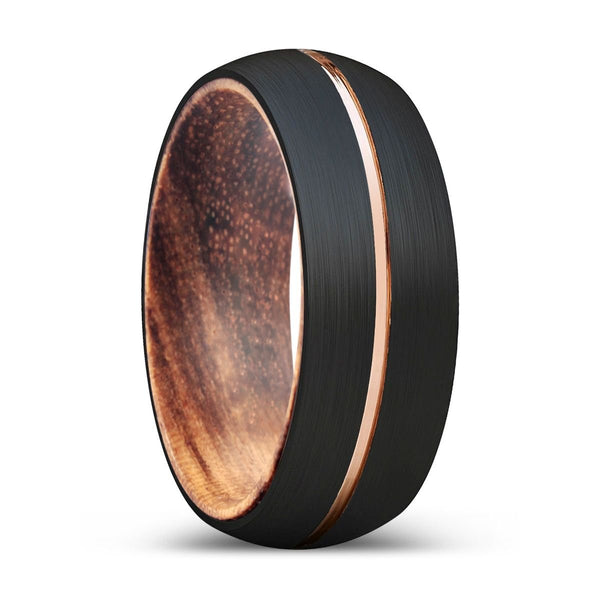 AXES | Zebra Wood, Black Tungsten Ring, Rose Gold Groove, Domed - Rings - Aydins Jewelry - 1