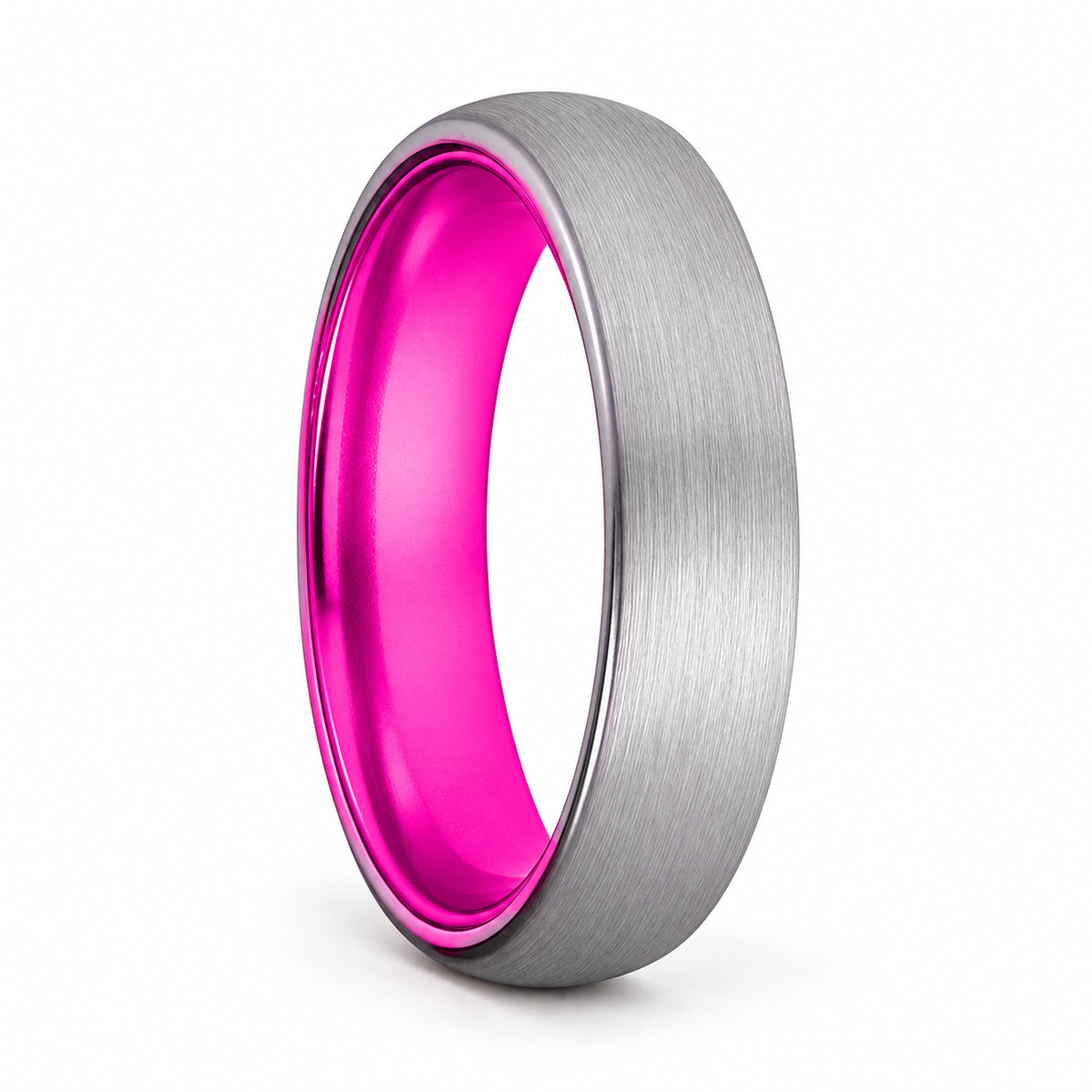 PASSION brushed silver tungsten band with pink interior, hero