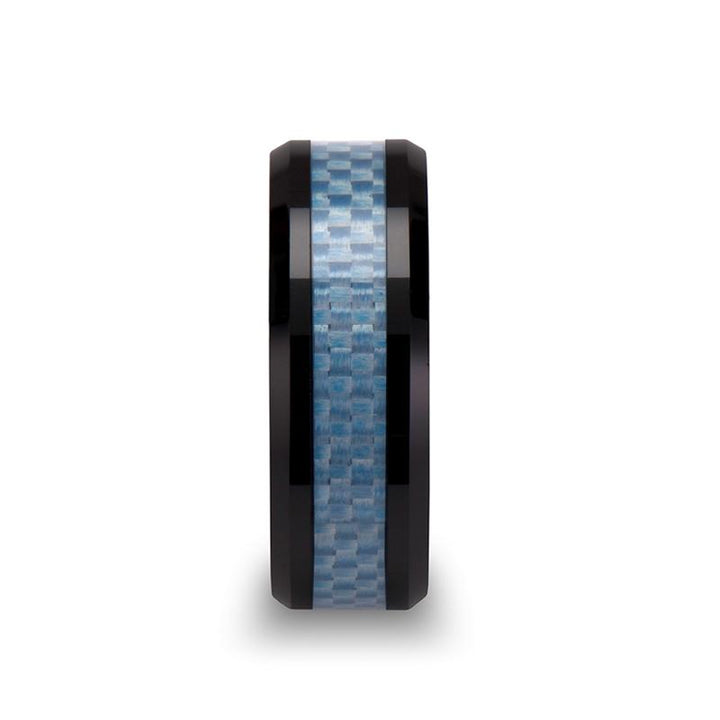 AZIEL | Black Ceramic Ring, Blue Carbon Fiber Inlay, Beveled - Rings - Aydins Jewelry - 3